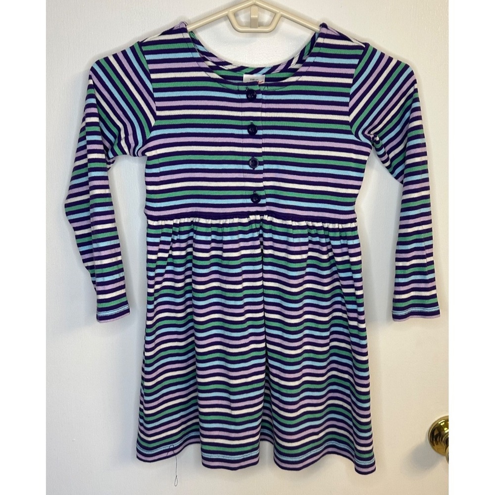 Hanna Andersson Size 110 5-6 Purple Blue Green Striped LS Button Playdress‎